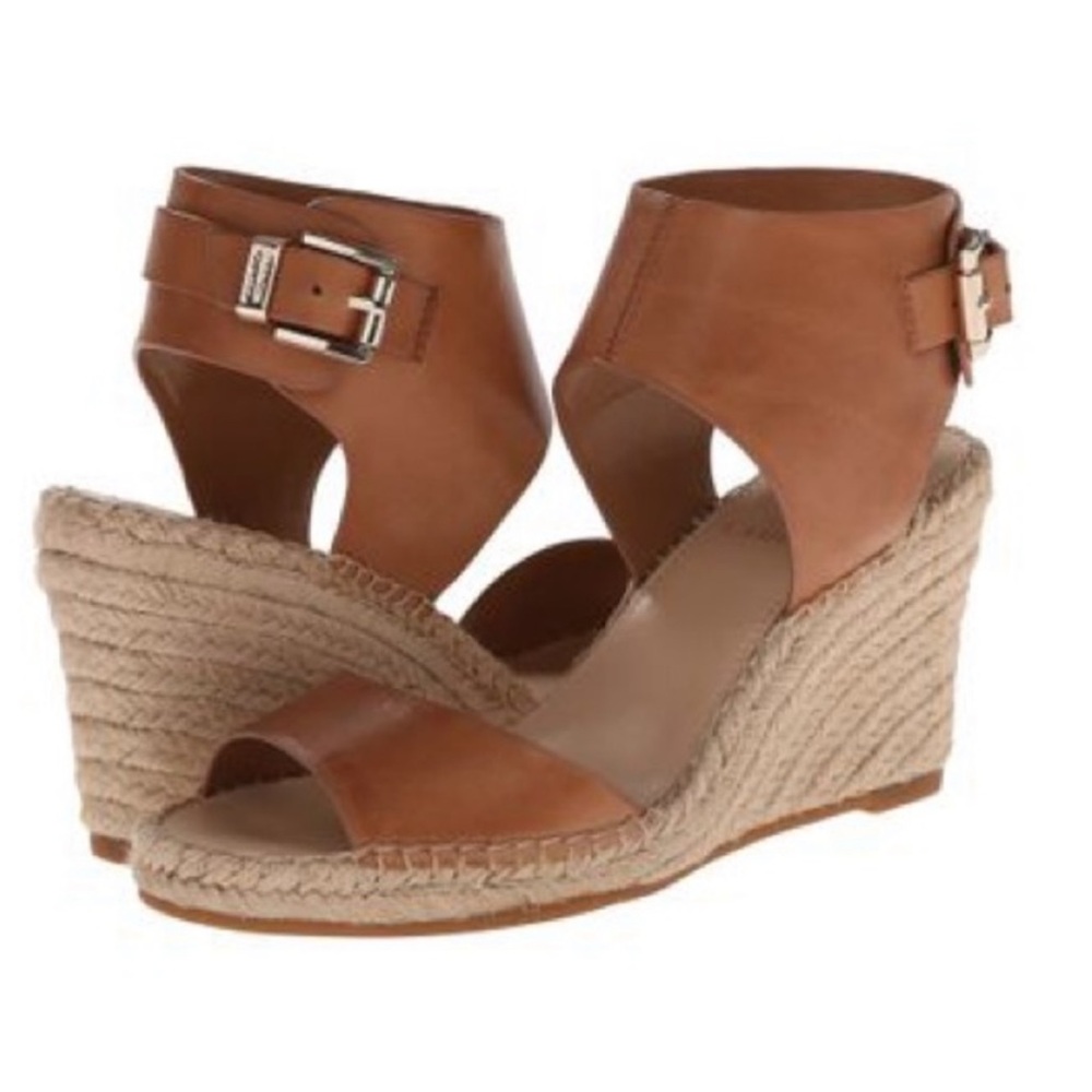 Vince Camuto Tan Leather Wedge Espadrille Sandals with Ankle Buckle